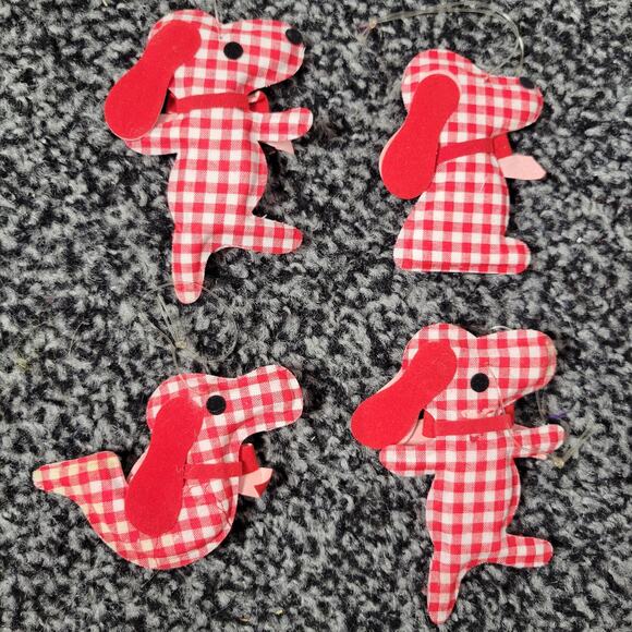 Vintage Red & White Gingham Dog Christmas Ornaments, set of 4 - Picture 6 of 12